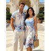 Vacation Couple Outfit Ombre Cherry Blossom Floral Print Crossover Bowknot Handkerchief Dress and Shirt Set - Bleu gris S | US 4