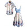 Vacation Couple Outfit Ombre Cherry Blossom Floral Print Crossover Bowknot Handkerchief Dress and Shirt Set - Bleu gris S | US 4