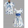 Vacation Couple Outfit Porcelain Floral Printed Ruffle Puff Sleeve Lace Up Belt Mini Dress and Shirt Set - Bleu S | US 4