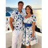 Vacation Couple Outfit Porcelain Floral Printed Ruffle Puff Sleeve Lace Up Belt Mini Dress and Shirt Set - Bleu S | US 4
