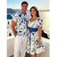 Vacation Couple Outfit Porcelain Floral Printed Ruffle Puff Sleeve Lace Up Belt Mini Dress and Shirt Set - Bleu S | US 4