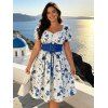 Vacation Couple Outfit Porcelain Floral Printed Ruffle Puff Sleeve Lace Up Belt Mini Dress and Shirt Set - Bleu S | US 4