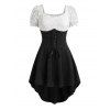 Vintage Dress Contrast Color Lace Panel Scalloped Lace Up Puff Sleeve High Low Dress - Noir XXL | US 14