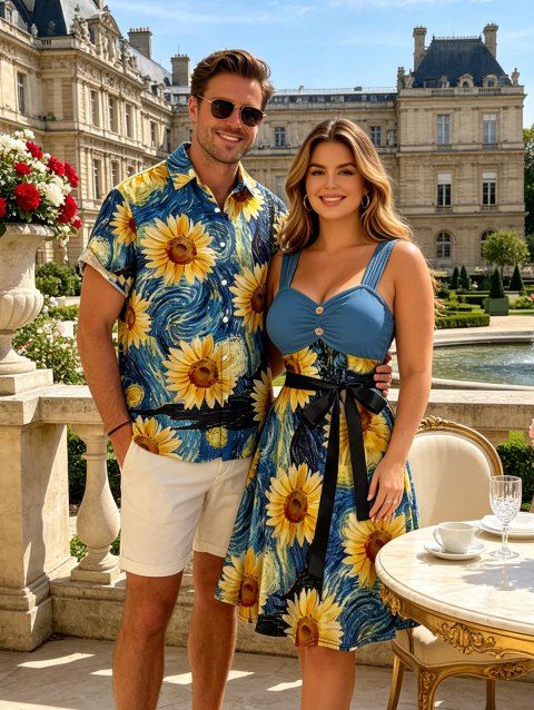 Robe Trapèze Longue Imprimé Tournesol avec Boutons pour Femme