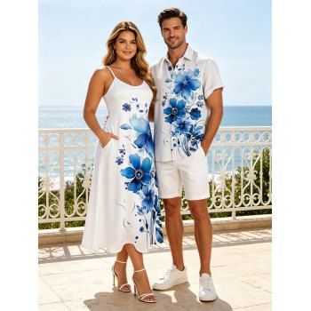 Vacation Couple Outfit Watercolor Leaf Floral Print Spaghetti Strap A Line Long Dress and Roll Up Sleeve Button Up Shirt Matching Outfit