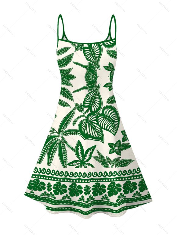 Vacation Dress Tropical Leaf Geometric Printed Spaghetti Strap Mini Dress - Vert XXXXXL | US 20