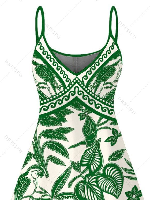 Vacation Dress Tropical Leaf Geometric Printed Spaghetti Strap Mini Dress - Vert XXXXXL | US 20