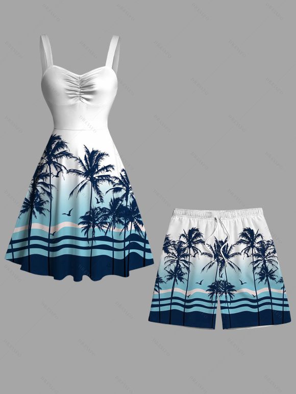 Beach Vacation Couple Outfit Ombre Tropical Coconut Tree Print Ruched Bust Dress and Drawstring Beach Shorts Set - Bleu S | US 4