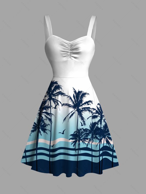 Beach Vacation Couple Outfit Ombre Tropical Coconut Tree Print Ruched Bust Dress and Drawstring Beach Shorts Set - Bleu S | US 4