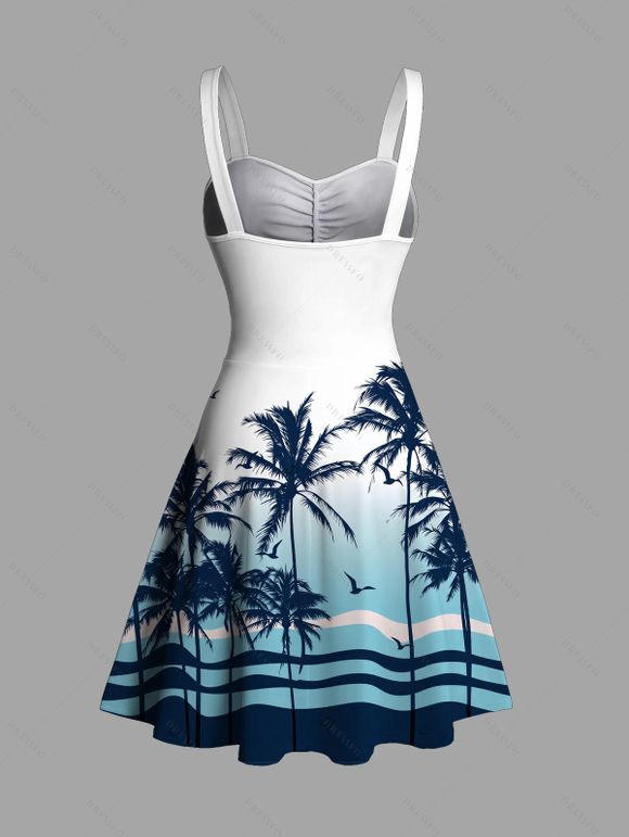 Beach Vacation Couple Outfit Ombre Tropical Coconut Tree Print Ruched Bust Dress and Drawstring Beach Shorts Set - Bleu S | US 4