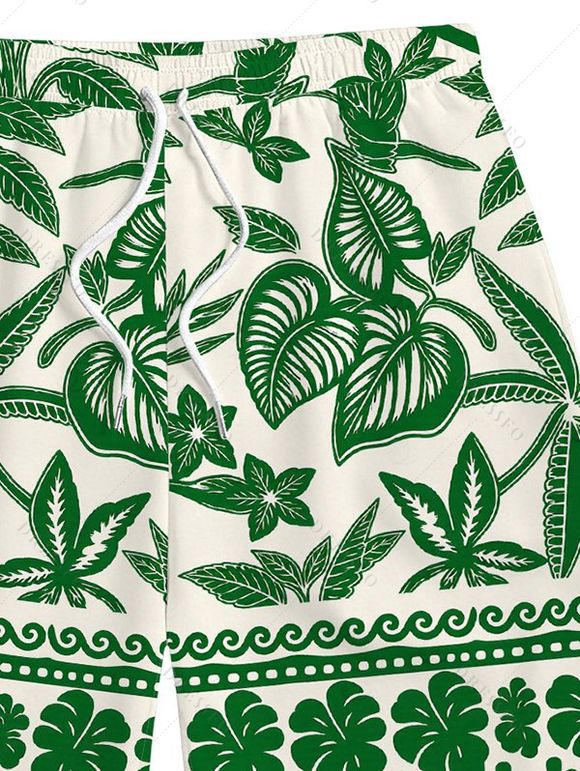 Vacation Beach Shorts Tropical Leaf Geometric Printed Drawstring Pocket Board Shorts - Vert 5XL