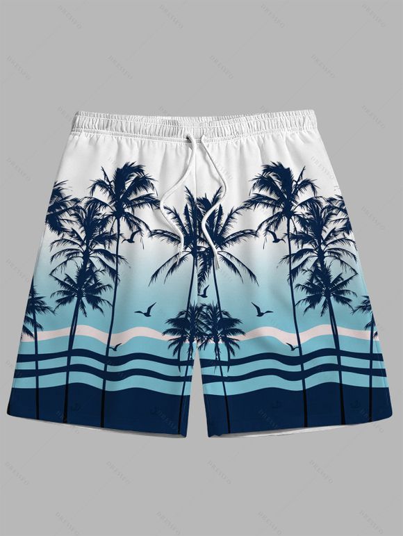 Beach Vacation Couple Outfit Ombre Tropical Coconut Tree Print Ruched Bust Dress and Drawstring Beach Shorts Set - Bleu S | US 4