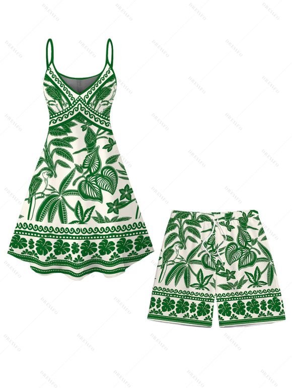 Vacation Couple Outfit Tropical Leaf Geometric Printed Spaghetti Strap Mini Dress and Drawstring Beach Shorts Set - Vert S | US 4