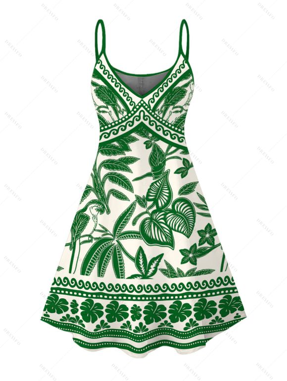 Vacation Couple Outfit Tropical Leaf Geometric Printed Spaghetti Strap Mini Dress and Drawstring Beach Shorts Set - Vert S | US 4