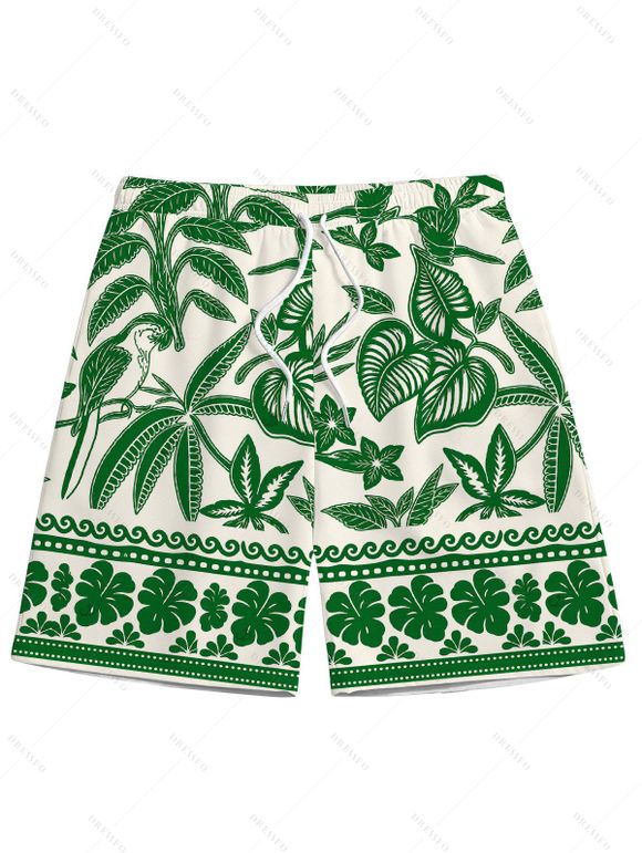Vacation Couple Outfit Tropical Leaf Geometric Printed Spaghetti Strap Mini Dress and Drawstring Beach Shorts Set - Vert S | US 4