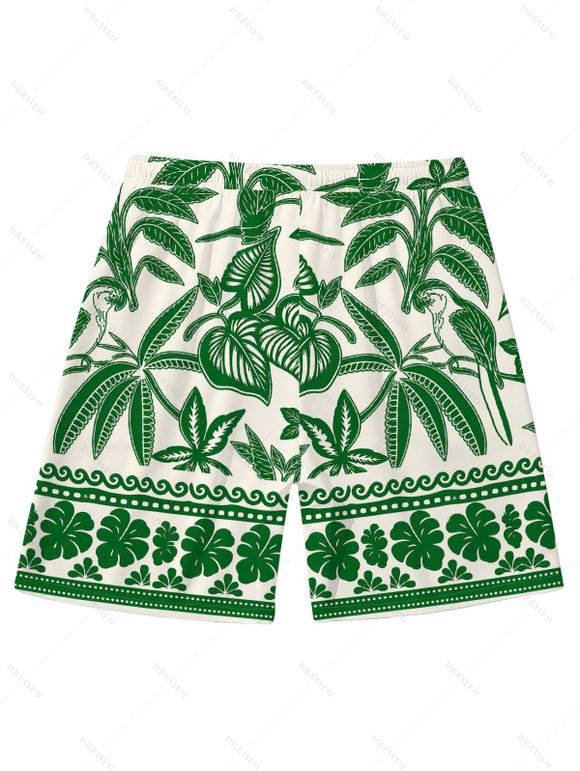 Vacation Couple Outfit Tropical Leaf Geometric Printed Spaghetti Strap Mini Dress and Drawstring Beach Shorts Set - Vert S | US 4