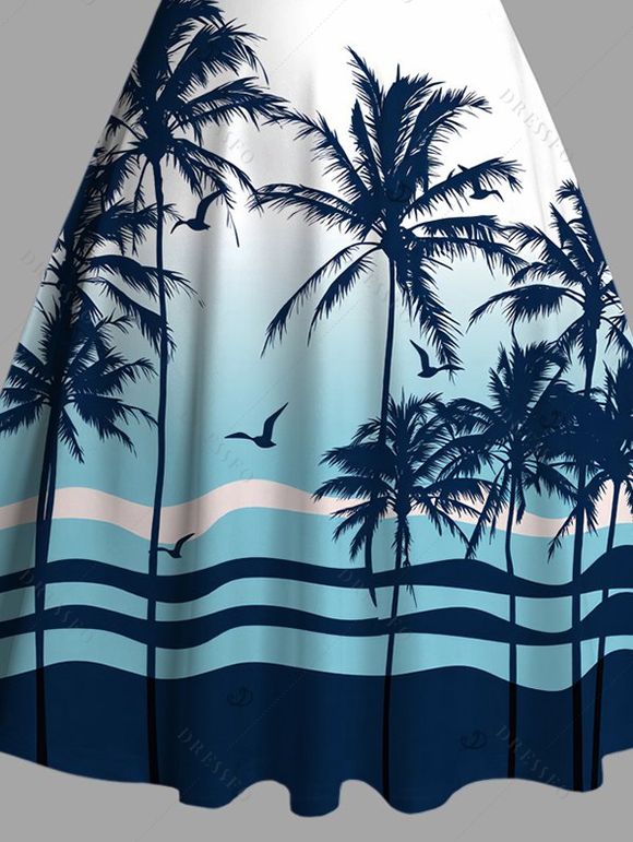 Beach Vacation Dress Tropical Coconut Tree Print Ombre Ruched Bust Mini Dress - Bleu XXXXXL | US 20