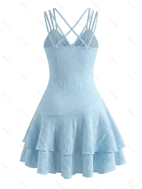 Vacation Dress Solid Color Textured Twisted Ruched Bust Layered Flounce High Waist Mini Dress - Bleu clair XXL | US 14