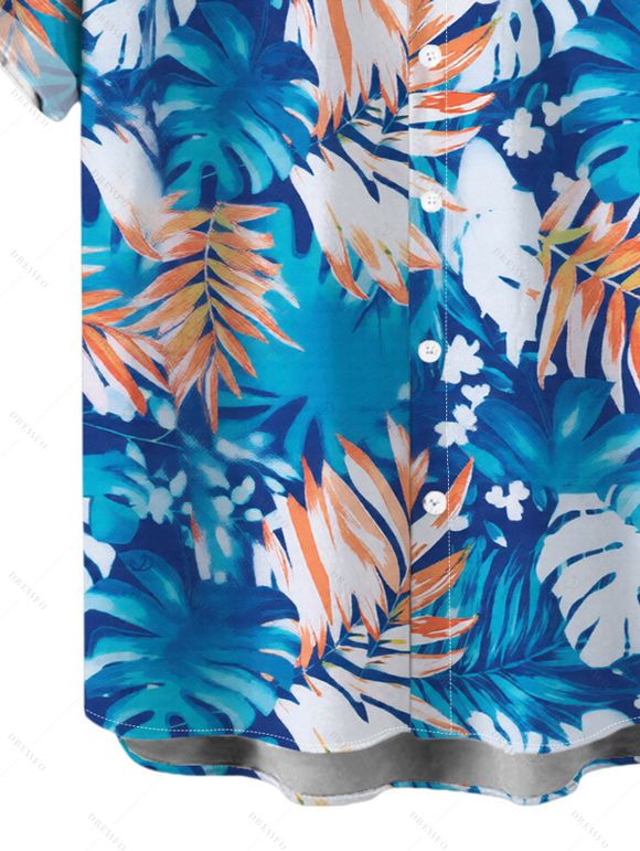 Vacation Couple Outfit Solid Color Textured Twisted Ruched Bust Layered Flounce Dress and Tropical Leaf Print Shirt Set - Bleu clair S | US 4