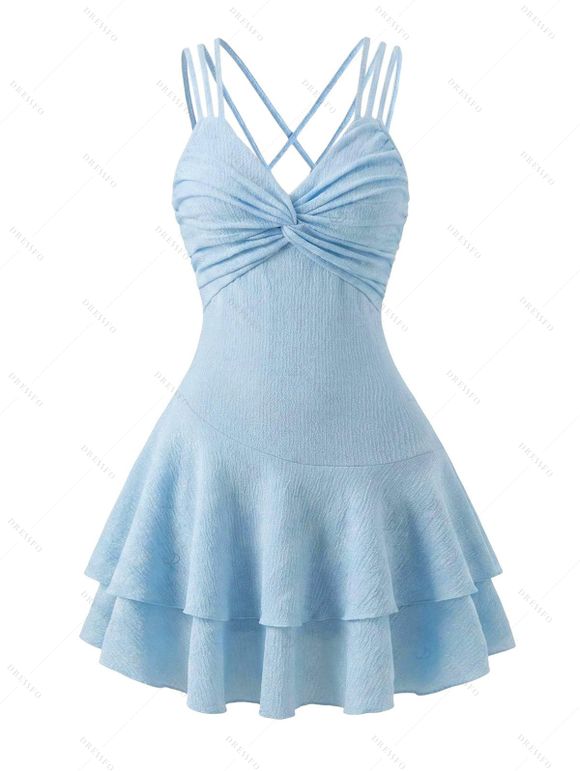 Vacation Couple Outfit Solid Color Textured Twisted Ruched Bust Layered Flounce Dress and Tropical Leaf Print Shirt Set - Bleu clair S | US 4