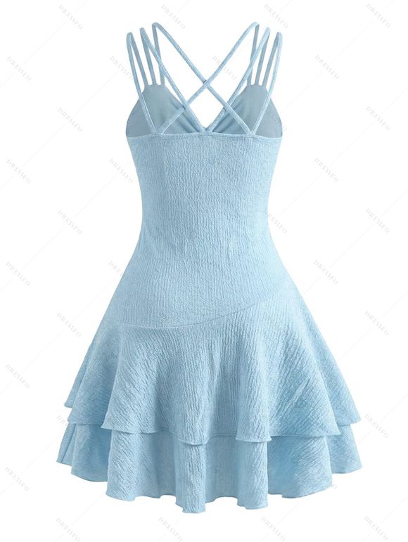 Vacation Couple Outfit Solid Color Textured Twisted Ruched Bust Layered Flounce Dress and Tropical Leaf Print Shirt Set - Bleu clair S | US 4