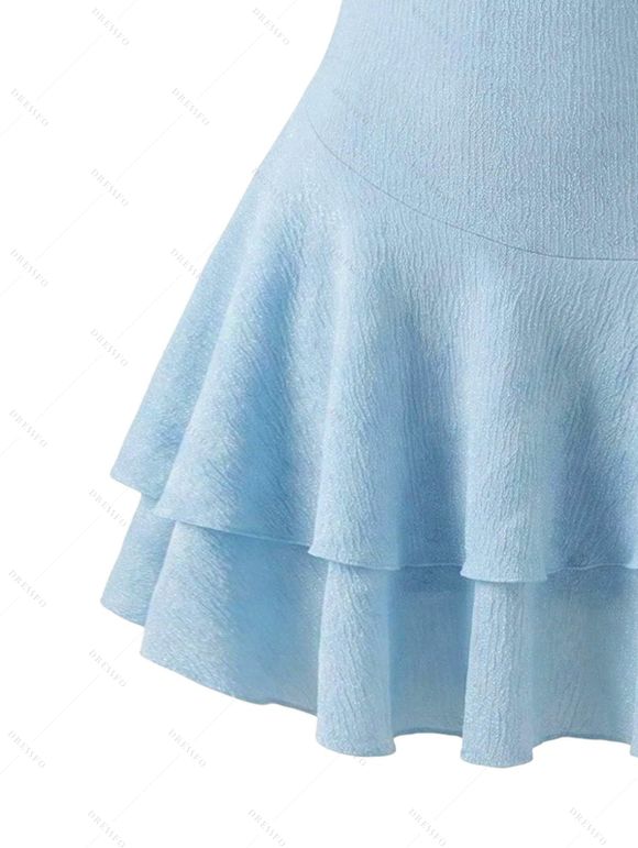 Vacation Couple Outfit Solid Color Textured Twisted Ruched Bust Layered Flounce Dress and Tropical Leaf Print Shirt Set - Bleu clair S | US 4