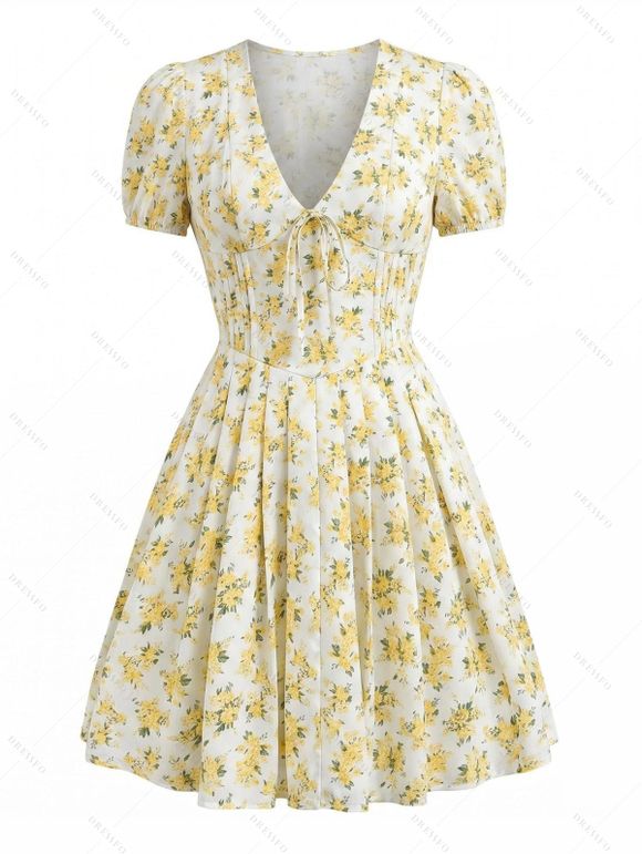 Hawaiian Vacation Couple Outfit Allover Ditsy Floral Print Tied Puff Sleeve V Neck Dress and Shirt Set - Jaune clair S | US 4