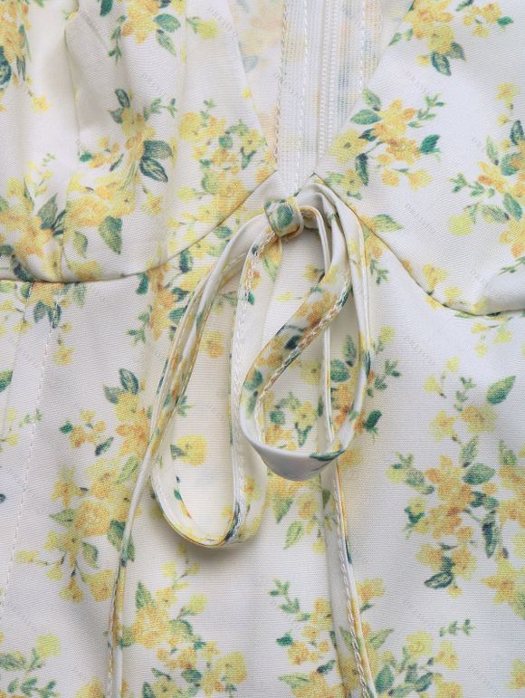 Hawaiian Vacation Dress Allover Ditsy Floral Print Tied Puff Sleeve V Neck Mini Vintage Dress - Jaune clair XL | US 10