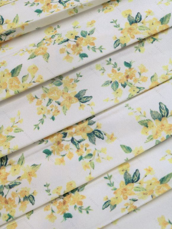 Hawaiian Vacation Dress Allover Ditsy Floral Print Tied Puff Sleeve V Neck Mini Vintage Dress - Jaune clair XL | US 10