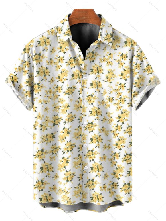 Hawaiian Vacation Couple Outfit Allover Ditsy Floral Print Tied Puff Sleeve V Neck Dress and Shirt Set - Jaune clair S | US 4