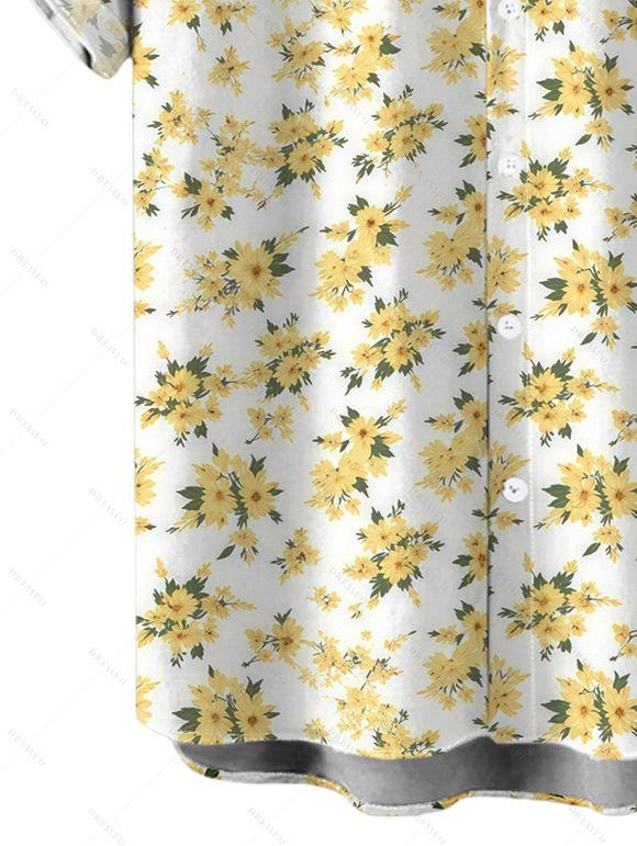 Hawaiian Vacation Couple Outfit Allover Ditsy Floral Print Tied Puff Sleeve V Neck Dress and Shirt Set - Jaune clair S | US 4