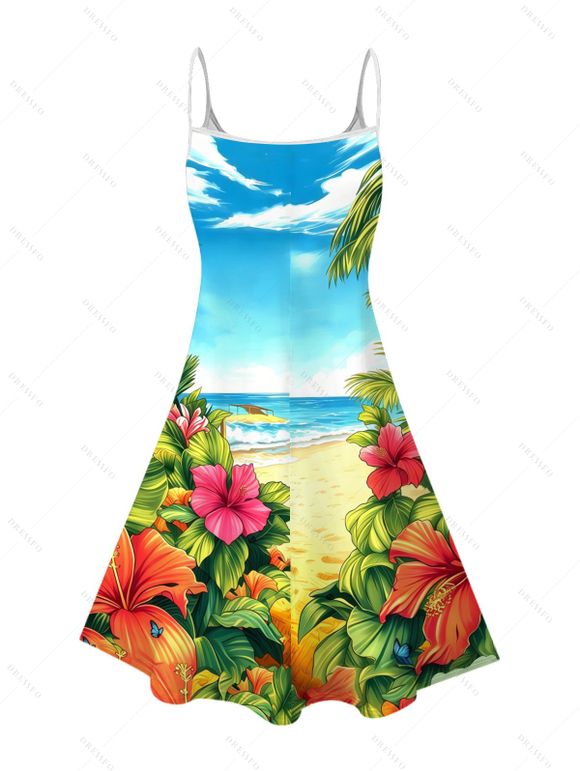 Robe de Vacances Ligne A à Bretelle Fine Motif de Perroquet et de Feuille Tropicale - Bleu clair XXXL | US 16