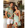 Vacation Couple Outfit Colored Flower Leaf Pattern Ruched Bust Belt Sweetheart Neck A Line Mini Dress and Button Up Shirt Matching Outfit