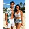 Hawaii Couple Outfit Solid Color Cinched Swim Top Tropical Plant Leaf Pattern Bowknot Boyshorts Tankini Set and Roll Up Sleeve Shirt Vacation Outfit - Blanc S | US 4
