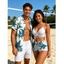 Hawaii Couple Outfit Solid Color Cinched Swim Top Tropical Plant Leaf Pattern Bowknot Boyshorts Tankini Set and Roll Up Sleeve Shirt Vacation Outfit - Rose clair S | US 4
