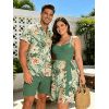 Vacation Couple Outfit Allover Tropical Floral Leaf Print Ruched Bust Belt A Line Mini Dress and Roll Up Sleeve Shirt Beach Two Piece Set - Vert S | US 4