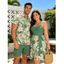 Vacation Couple Outfit Allover Tropical Floral Leaf Print Ruched Bust Belt A Line Mini Dress and Roll Up Sleeve Shirt Beach Two Piece Set - Vert S | US 4