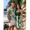 Tropical Flower Leaf Print Belted Mini Vacation Dress And Short Sleeve Shirt Matching Outfit