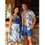 Vacation Couple Outfit Tropical Flower Leaf Print Belted Mini Dress and Roll Up Sleeve Shirt Solid Color Drawstring Waist Shorts Matching Outfit - Bleu profond S | US 4