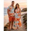 Vacation Couple Outfit Tropical Leaf Flower Pattern Spaghetti Strap Pocket Dress and Roll Up Sleeve Shirt Solid Color Drawstrings Beach Shorts Matching Outfit - Orange S | US 4