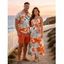 Vacation Couple Outfit Tropical Leaf Flower Pattern Spaghetti Strap Pocket Dress and Roll Up Sleeve Shirt Solid Color Drawstrings Beach Shorts Matching Outfit - Orange S | US 4