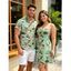 Vacation Couple Outfit Flamingo Leaf Floral Print Ruched Bust Belt Dress and Men's Roll Up Sleeve Hawaii Shirt Two Piece Set - Vert clair S | US 4