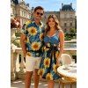 Van Gogh Sunflower Print Women's Sweetheart Neck Mock Button Dress and Men's Button Up Shirt Hawaii Outfit