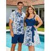 Flower Print Belted Mini Dress And Short Sleeve Shirt Drawstring Shorts Vacation Outfit - Bleu profond S | US 4