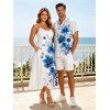 Vacation Couple Outfit Watercolor Leaf Floral Print Spaghetti Strap A Line Long Dress and Roll Up Sleeve Button Up Shirt Matching Outfit - Blanc S | US 4