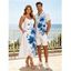 Vacation Couple Outfit Watercolor Leaf Floral Print Spaghetti Strap A Line Long Dress and Roll Up Sleeve Button Up Shirt Matching Outfit - Blanc S | US 4