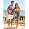 Vacation Couple Outfit Allover Tropical Leaf Hibiscus Floral Pattern Ruched Bust Belt A Line Mini Dress and Roll Up Sleeve Shirt Casual Matching Outfit - Bleu profond S | US 4