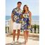 Vacation Couple Outfit Allover Tropical Leaf Hibiscus Floral Pattern Ruched Bust Belt A Line Mini Dress and Roll Up Sleeve Shirt Casual Matching Outfit - Bleu profond S | US 4