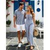 Hawaiian Vacation Couple Outfit Striped Print Cinched Cut Out Ruffle Off the Shoulder Wide Leg Jumpsuit and Shirt Set - SKY BLUE S | US 4