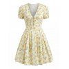 Hawaiian Vacation Couple Outfit Allover Ditsy Floral Print Tied Puff Sleeve V Neck Dress and Shirt Set - LIGHT YELLOW S | US 4